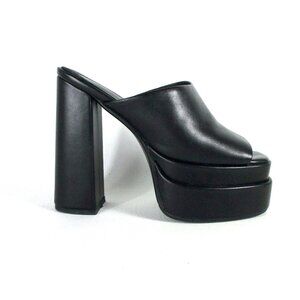 Black Leather Platform Mules Stacked High Heel Sandals 1970s Disco US 8 EU 38